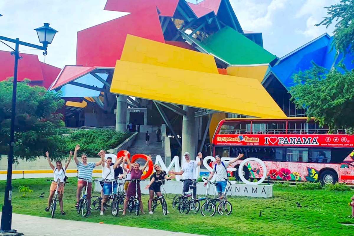 Panama City Bike Tour sightseeing Bike Tour guests at Bio museum Amador