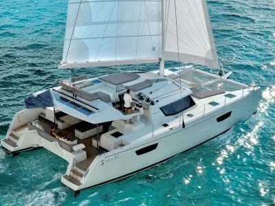 Saba 50 catamaran under sail in Croatia