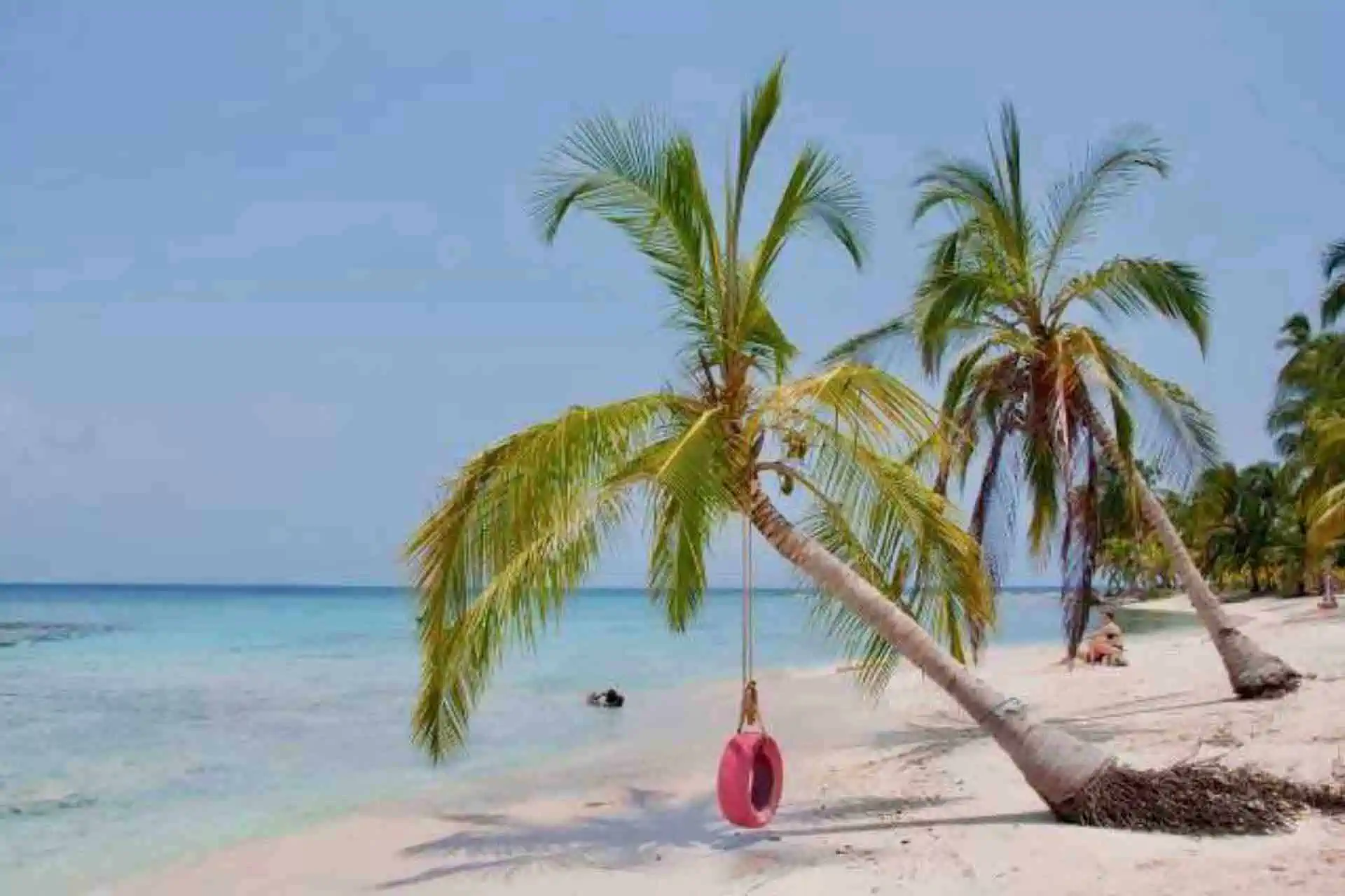 San Blas Isla Diablo island white sand beach pink tire swing palm tree