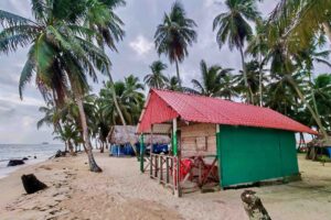 Green beachfront cabin beneath palm trees on Isla Aroma, San Blas