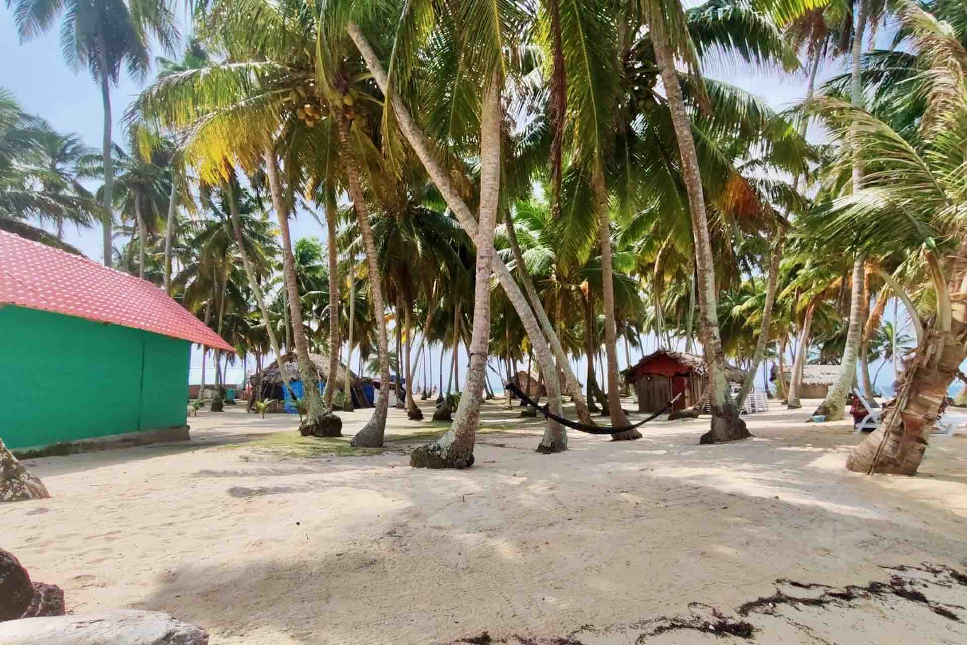 Palm trees, hammocks and island cabins at Isla Aroma in San Blas Panama
