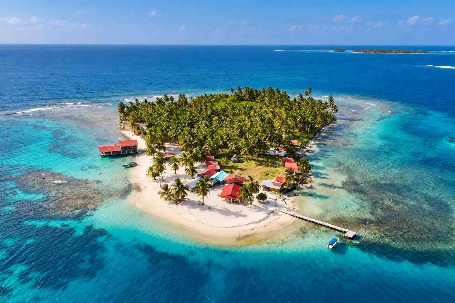 Aerial view of Isla Diablo San Blas surrounded by turquoise Caribbean water San Blas 3 day tour