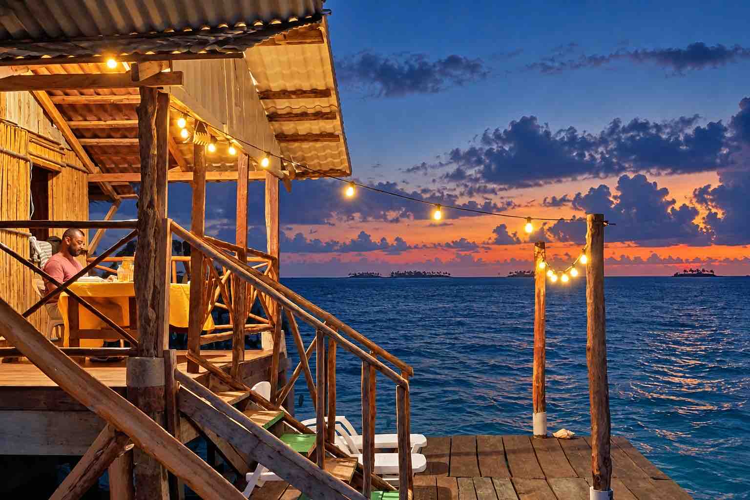 Overwater cabin deck at sunset on Isla Narasgandup San Blas