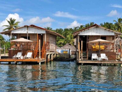 Front view of overwater cabins at Isla Narasgandup San Blas