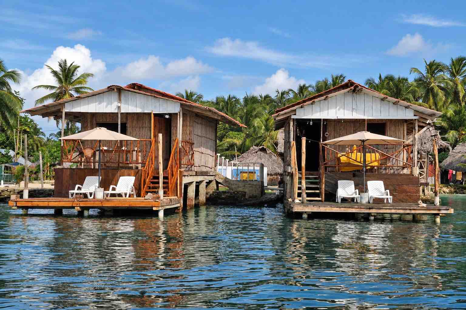 Isla Narasgandup San Blas Overwater Cabins Front View Front view of over-water cabins at Isla Narasgandup in San Blas