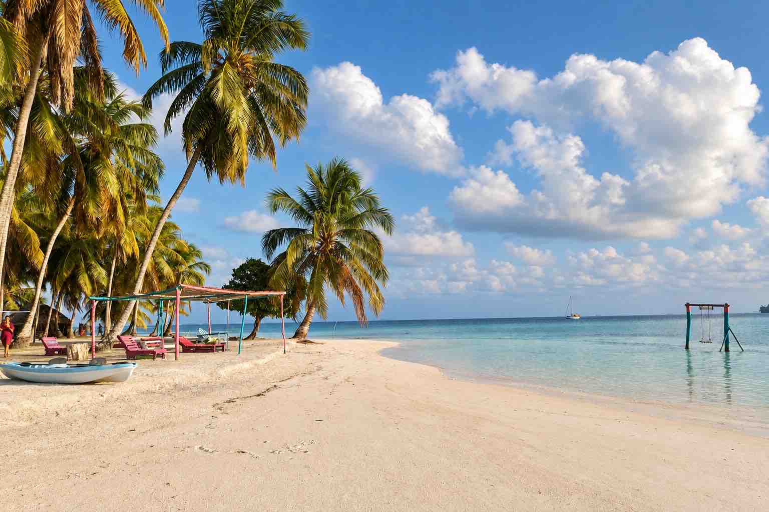 Beach and ocean swings beneath palm trees