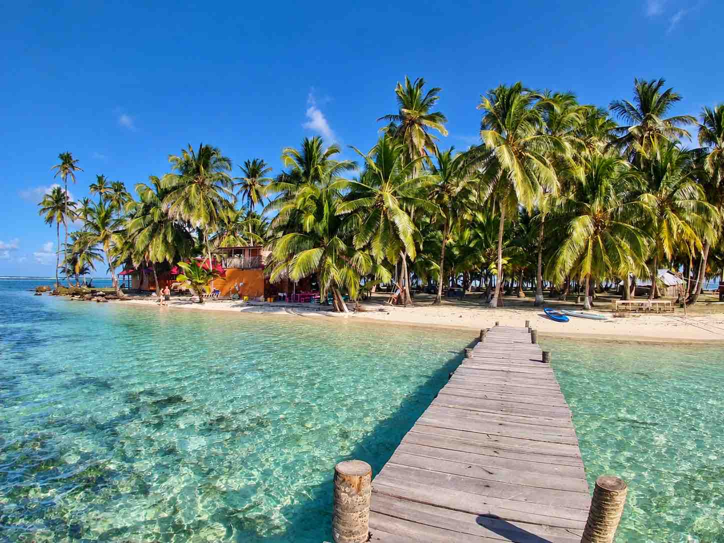 Wooden dock leading toward palm trees on Yani island