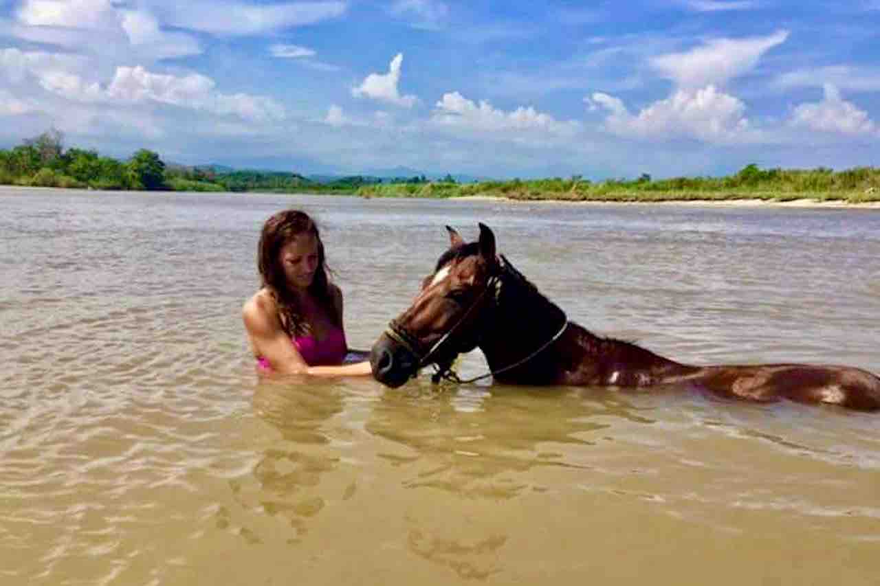 Beach Horseback riding woman inside lagoon petting horse