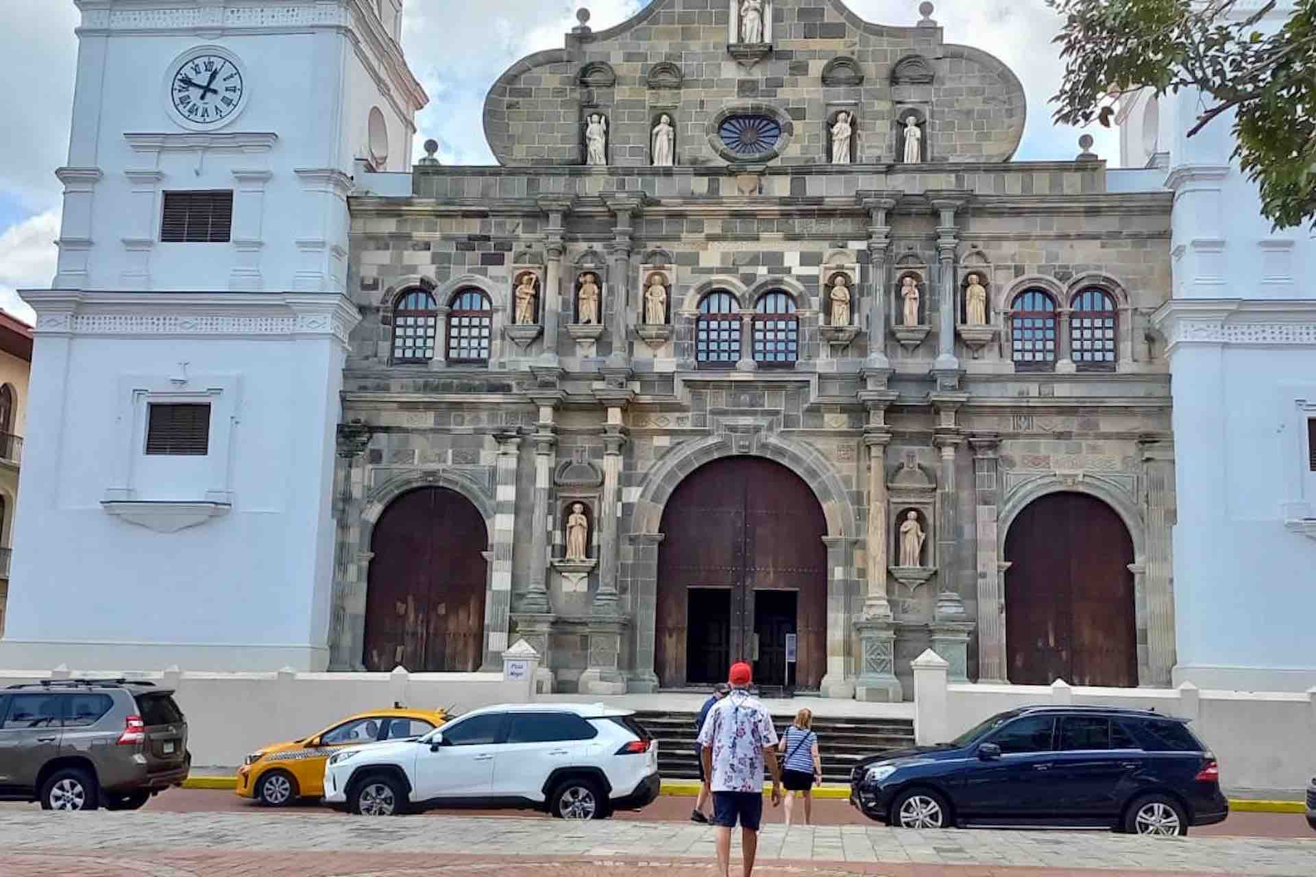 Panama City Panama Canal tour guests in Casco Viejo plaza church