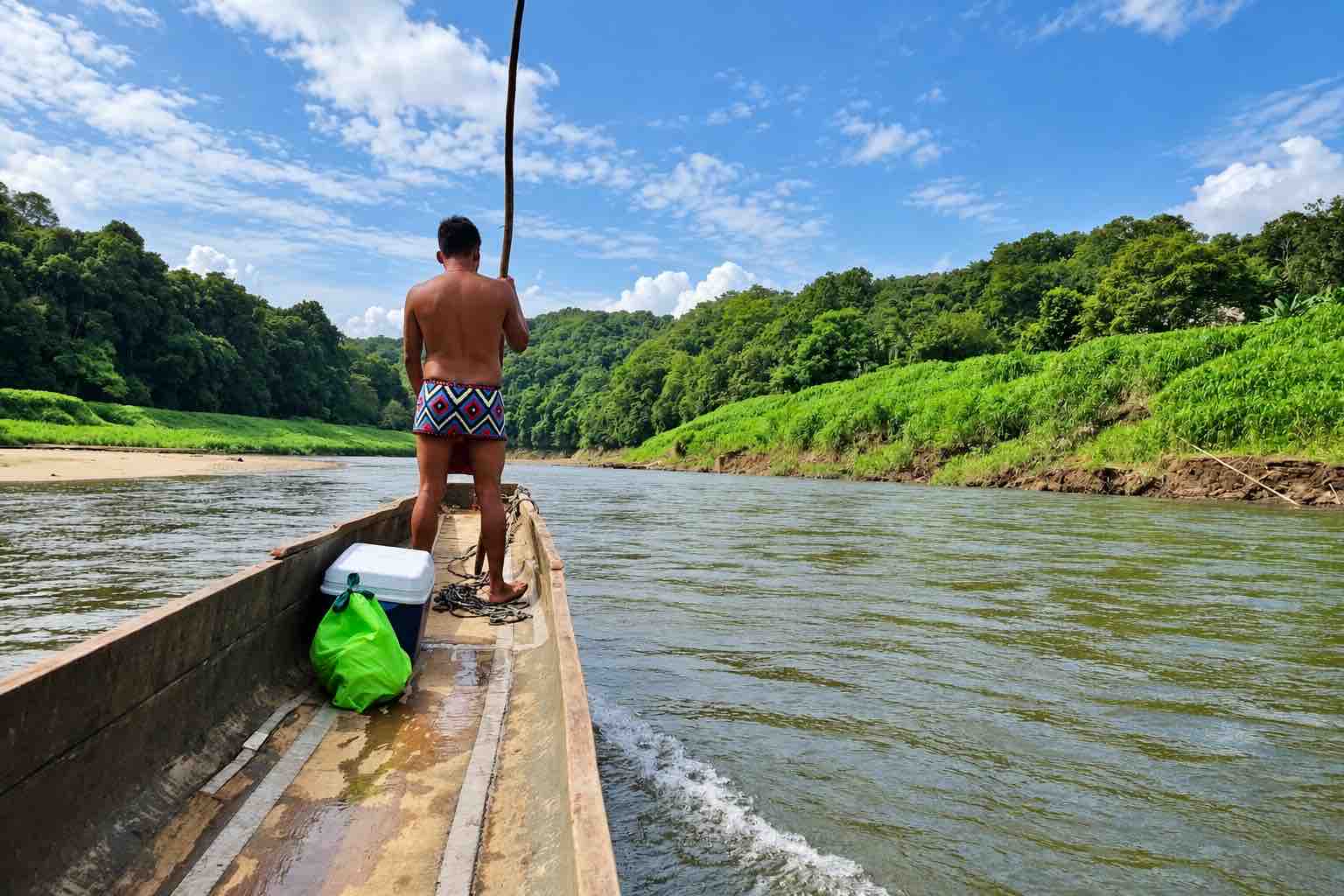 Emberá guide standing at the bow of a wooden canoe with a pole on a forest-lined river