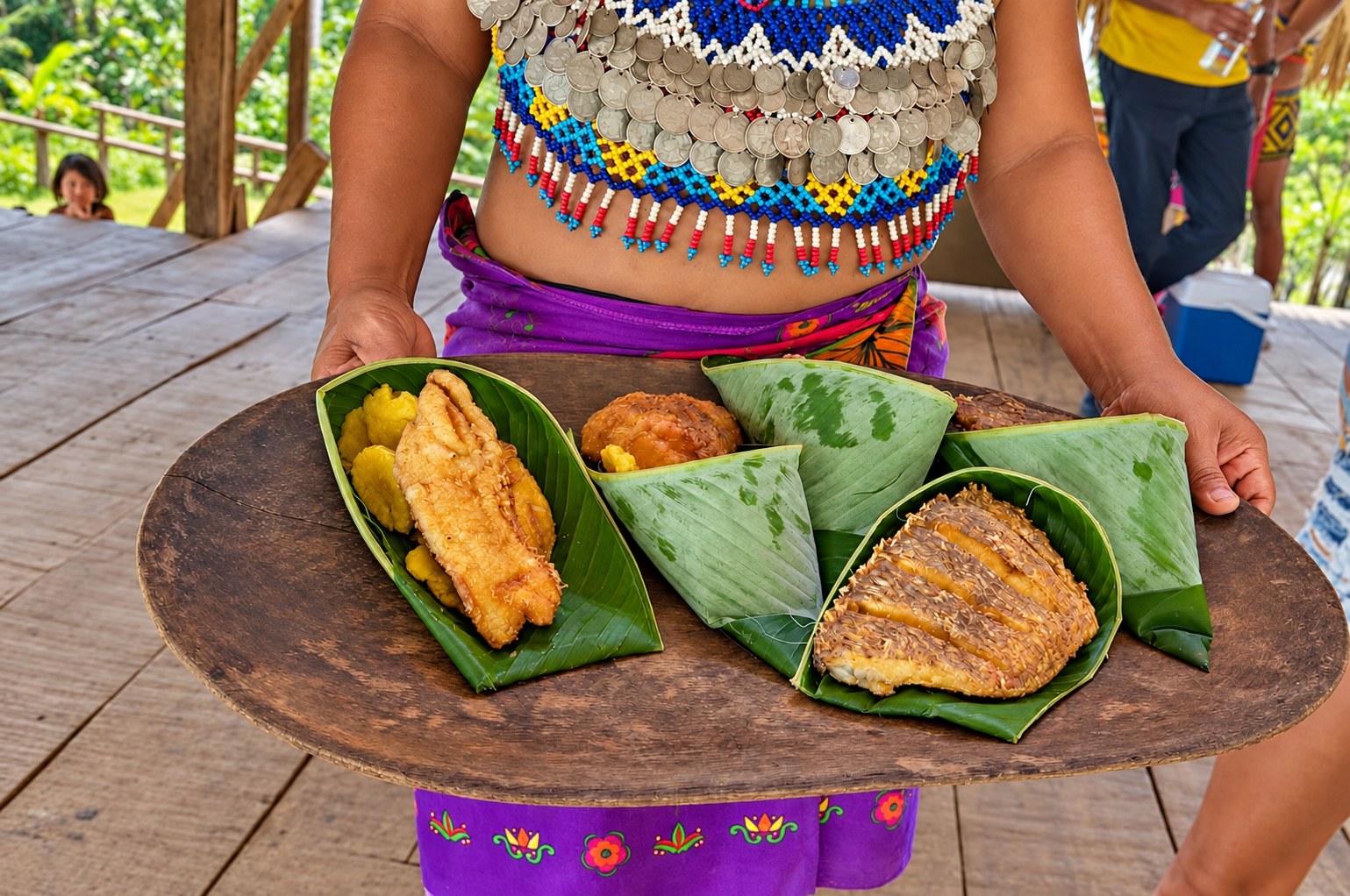 Embera Village Tour – Traditional Fish Lunch Platter Fried fish and plantain in folded green leaves on a wooden platter held by an Emberá host
