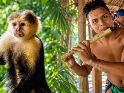 Capuchin monkey and Emberá musician on a Monkey Island and Embera Village Tour in Panama