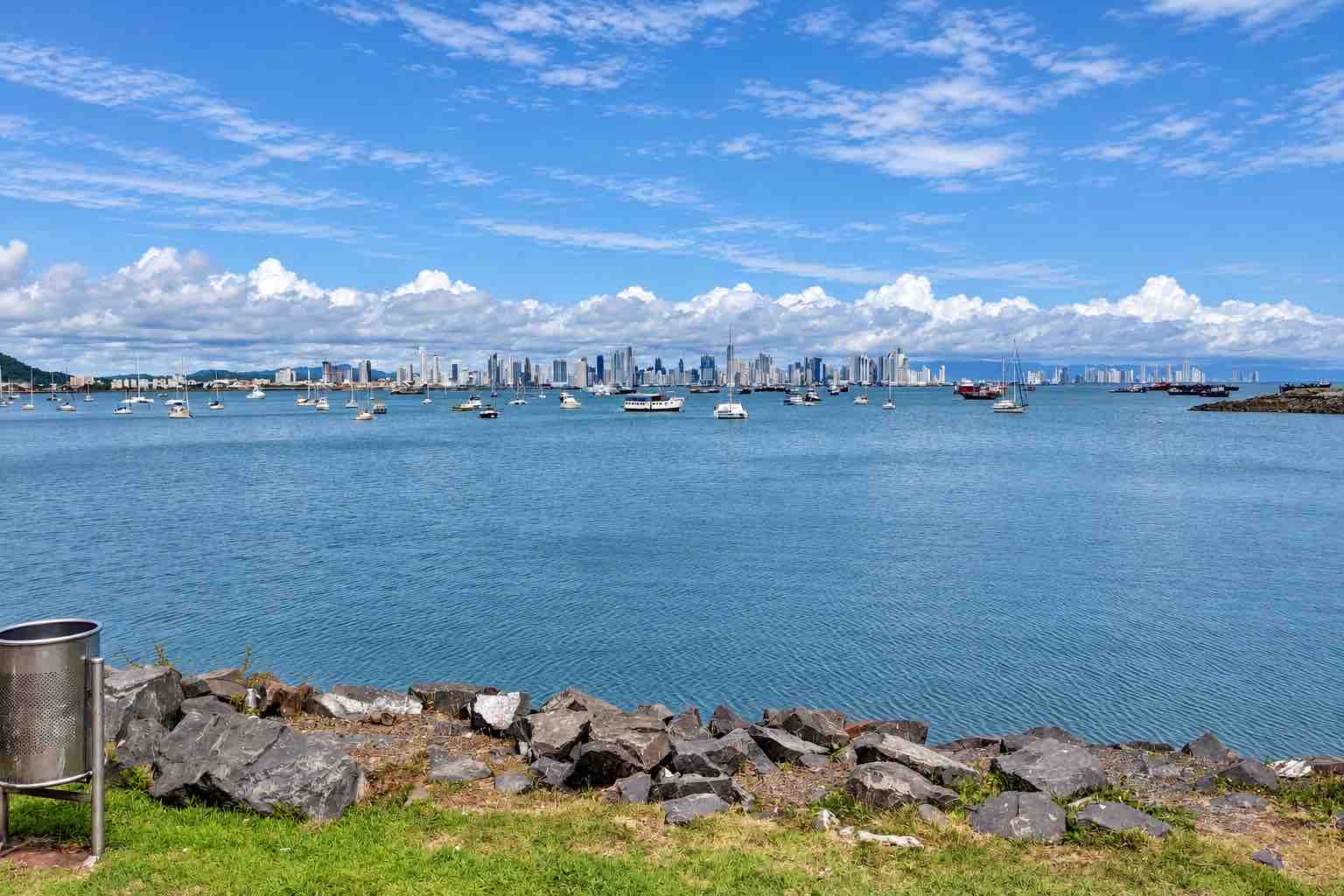 Panama Canal and City Tour: panoramic view across the bay toward the Panama City skyline.