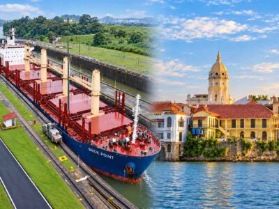 Panama Canal and City Tour cover combining a cargo ship in a canal lock with Casco Antiguo’s waterfront buildings.