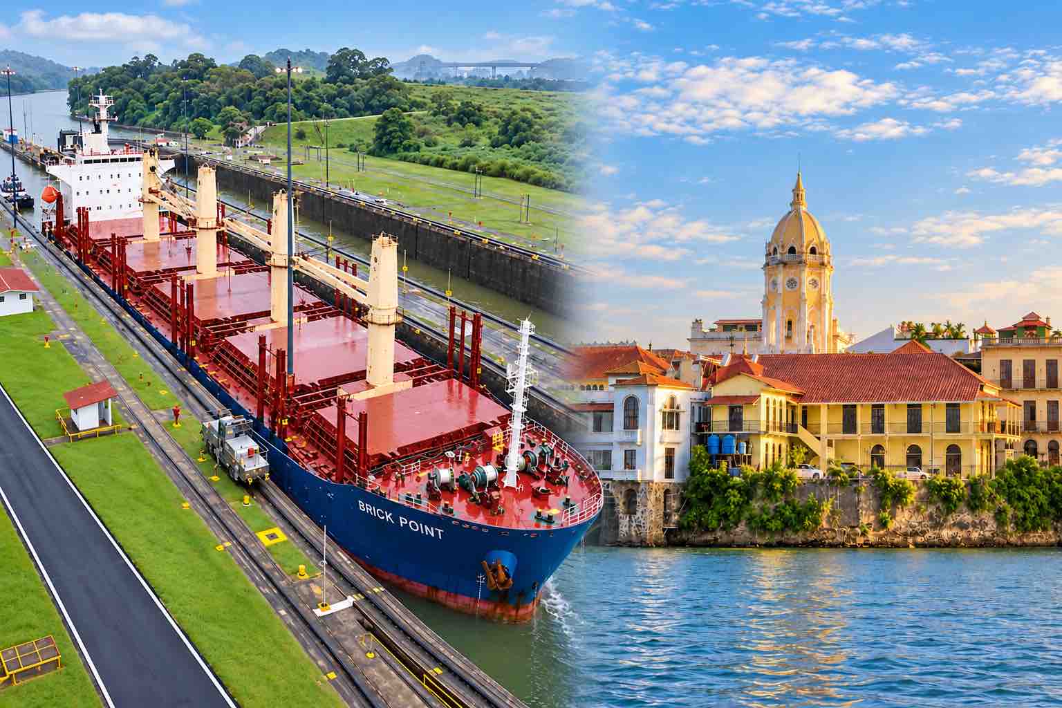 Home Elementor 9 Panama Canal and City Tour cover combining a cargo ship in a canal lock with Casco Antiguo’s waterfront buildings.