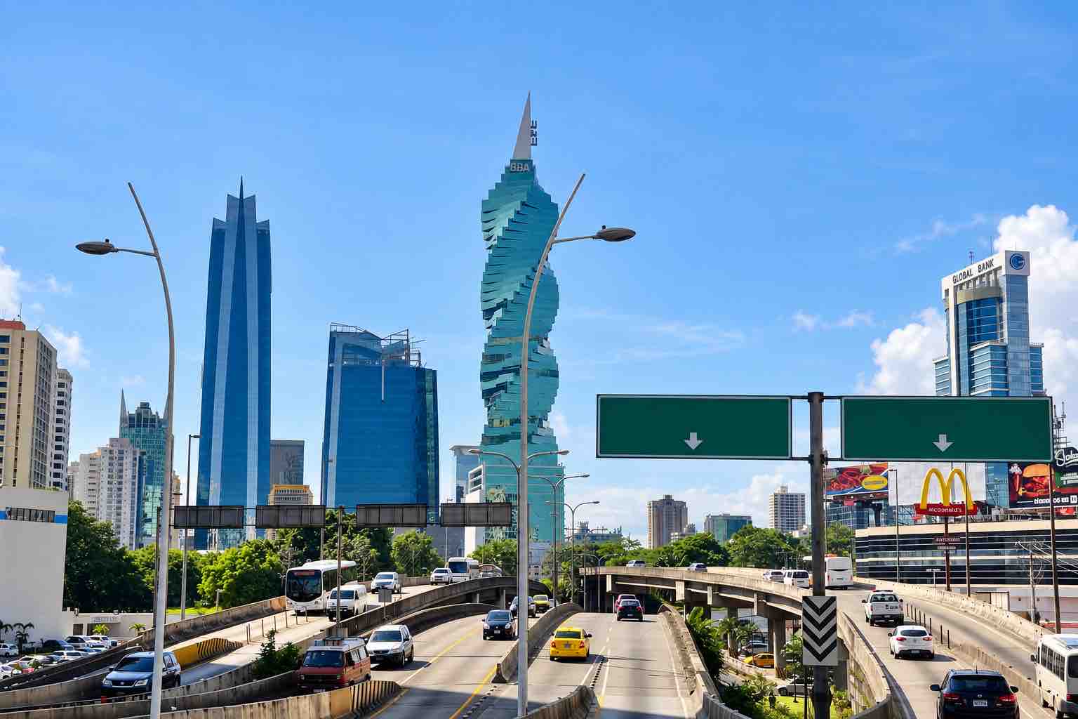 Panama Canal and City Tour: panama City traffic and skyline with the spiral-shaped tower.