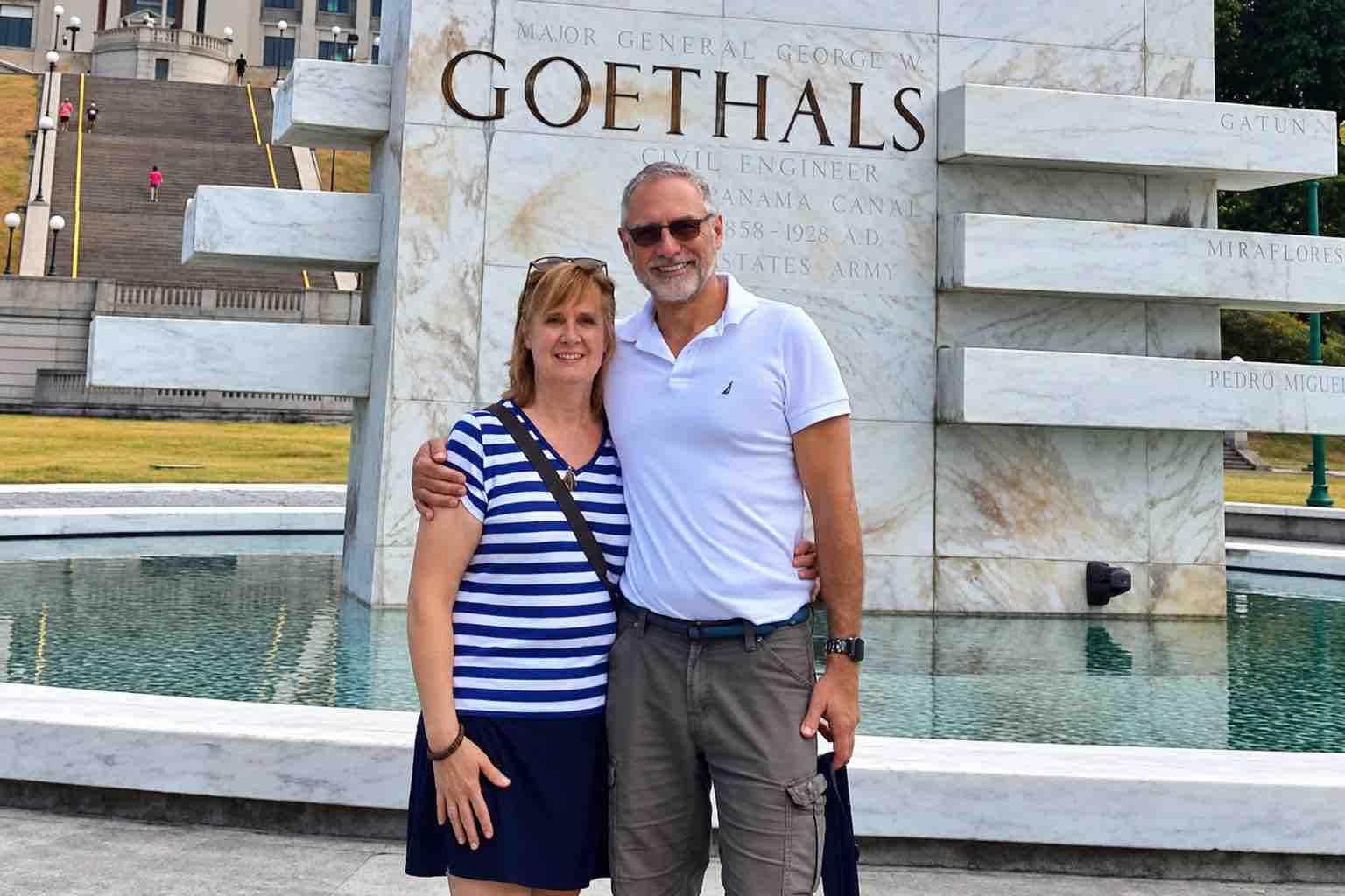 Panama Canal and City Tour: a couple posing in front of the Goethals monument.