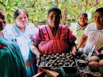 Bocas del toro cacao chocolate factory tour mujer con bandeja de chocolate