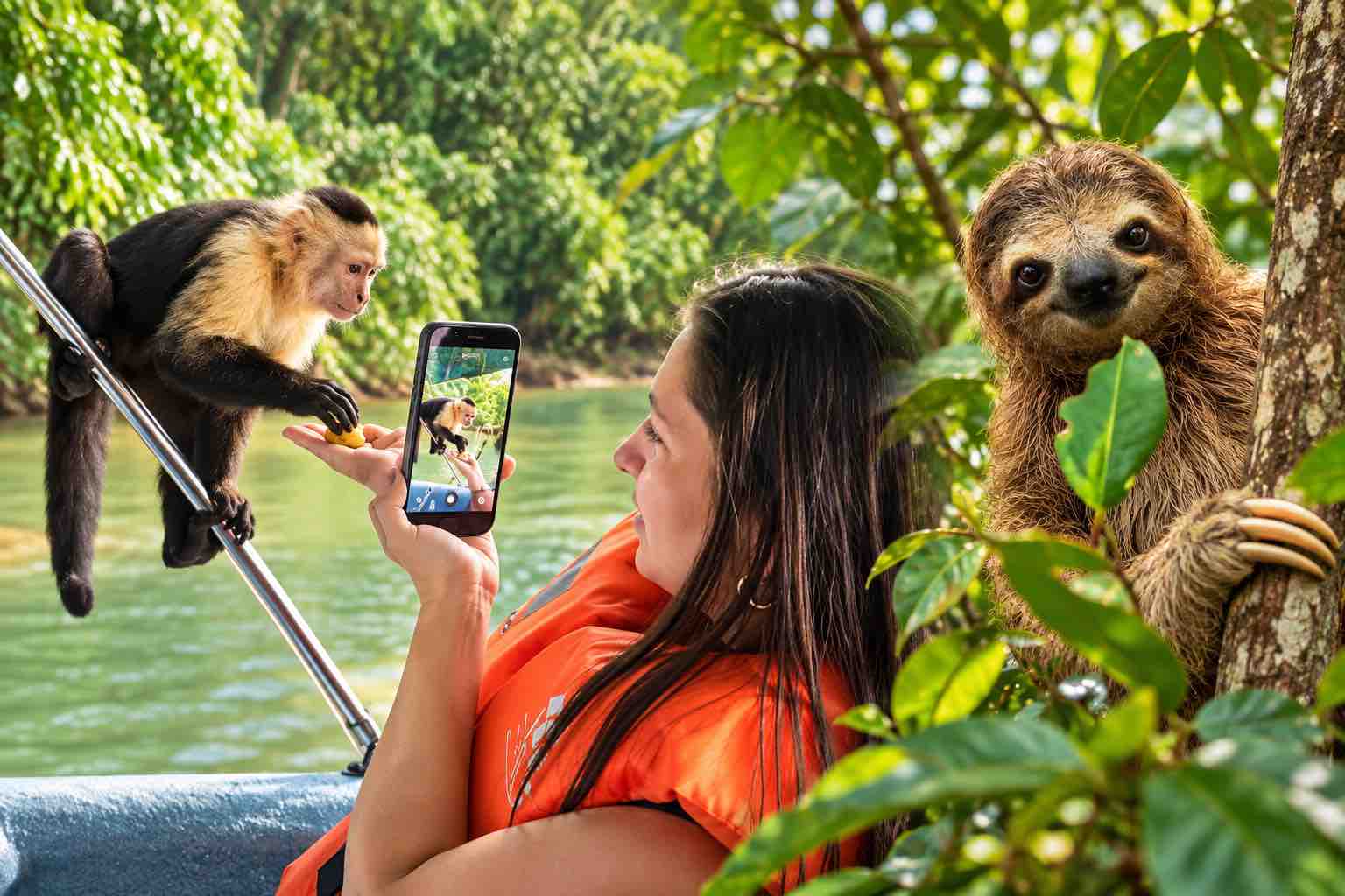 Home Elementor 10 Monkey Island Panama tour cover showing a guest photographing a capuchin monkey, blended with a sloth