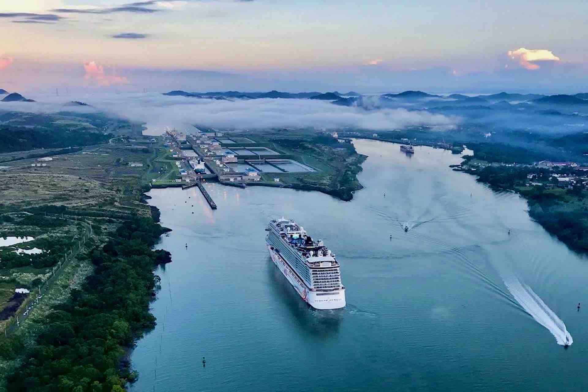 Panama helicopter tour view of Panama Canal cruise ship