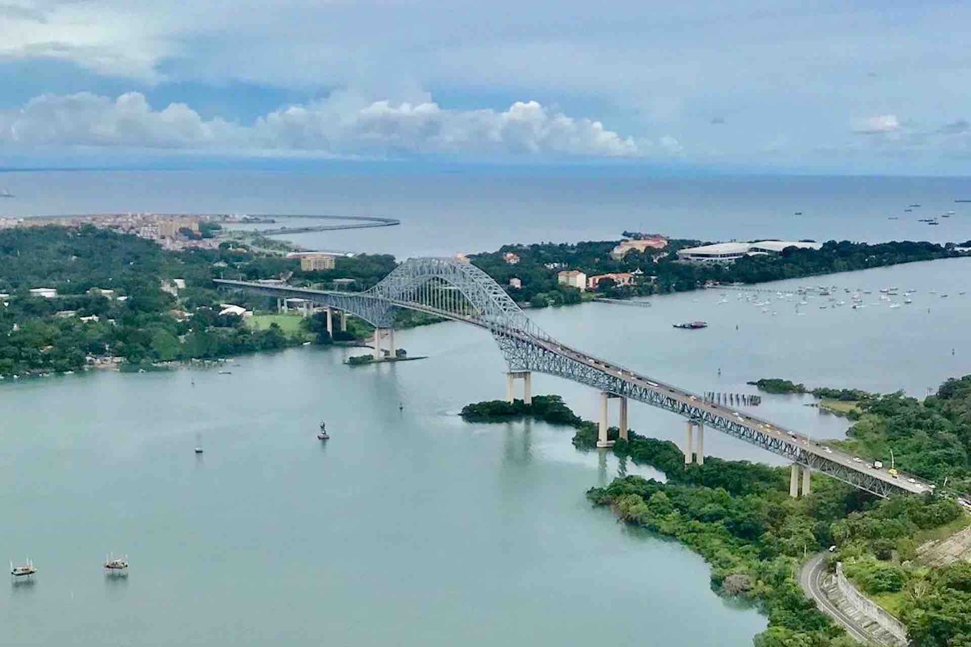 Panama Helicopter view of bridge of Americas and city