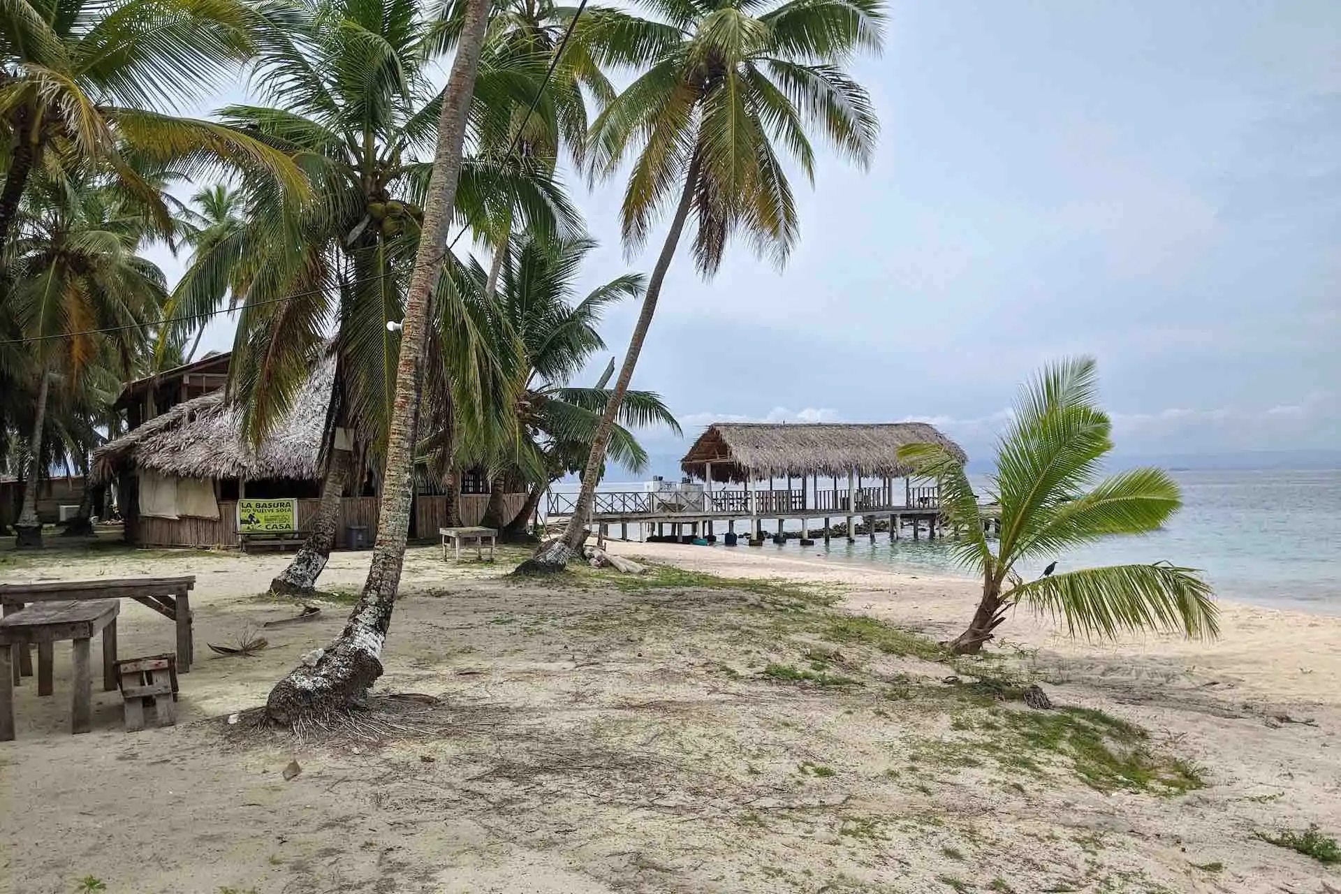 San Blas Isla Perro island palm trees beach arrival dock
