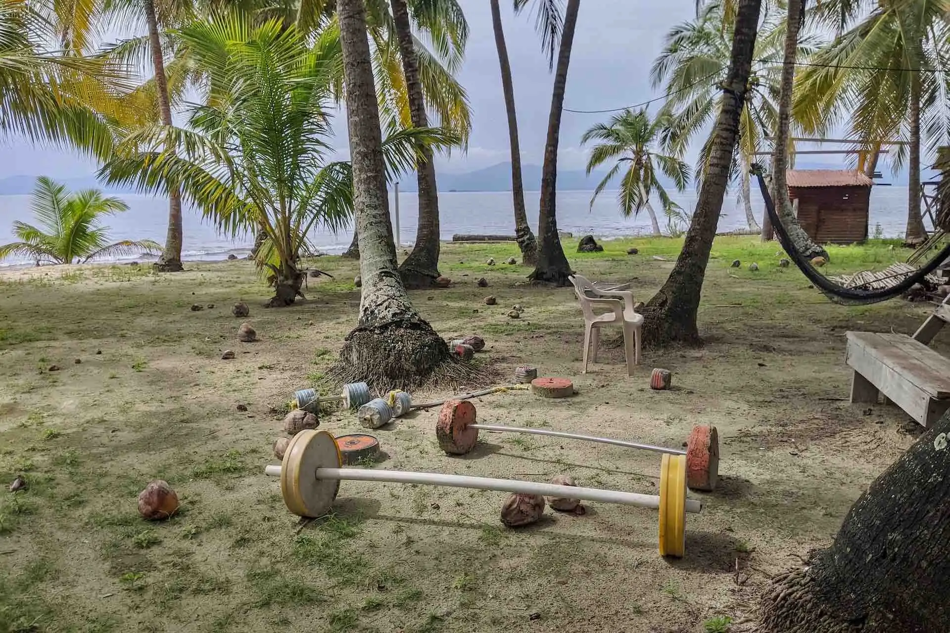 San Blas Isla Perro island gym weights barbell ocean view