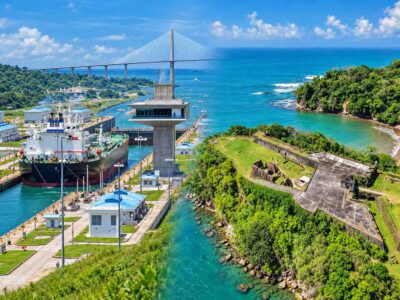 Fort San Lorenzo tour cover showing a ship at Agua Clara Locks and an aerial view of the Caribbean coastal fort.