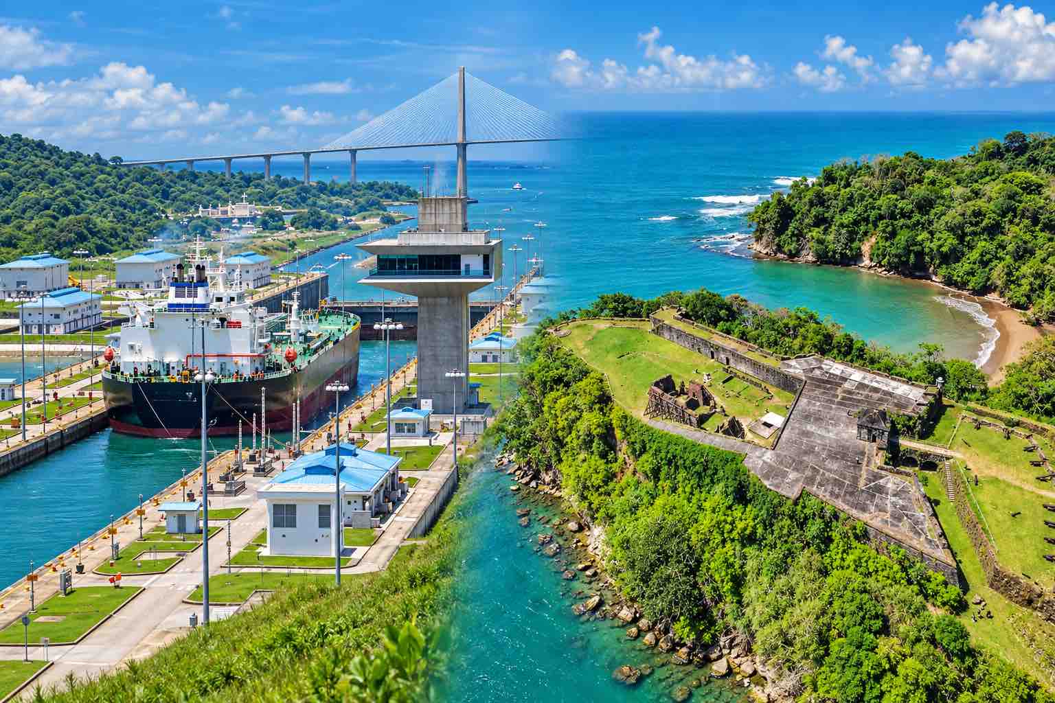 Home Elementor 27 Fort San Lorenzo tour cover showing a ship at Agua Clara Locks and an aerial view of the Caribbean coastal fort.