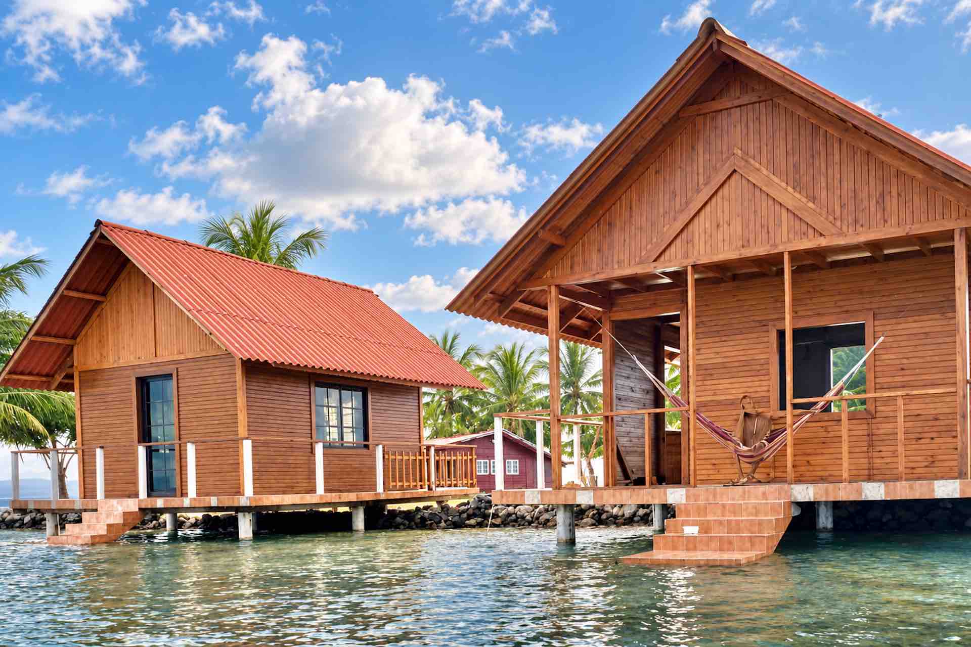 Two wooden oceanfront cabins on Isla Guasirdup in the San Blas Islands
