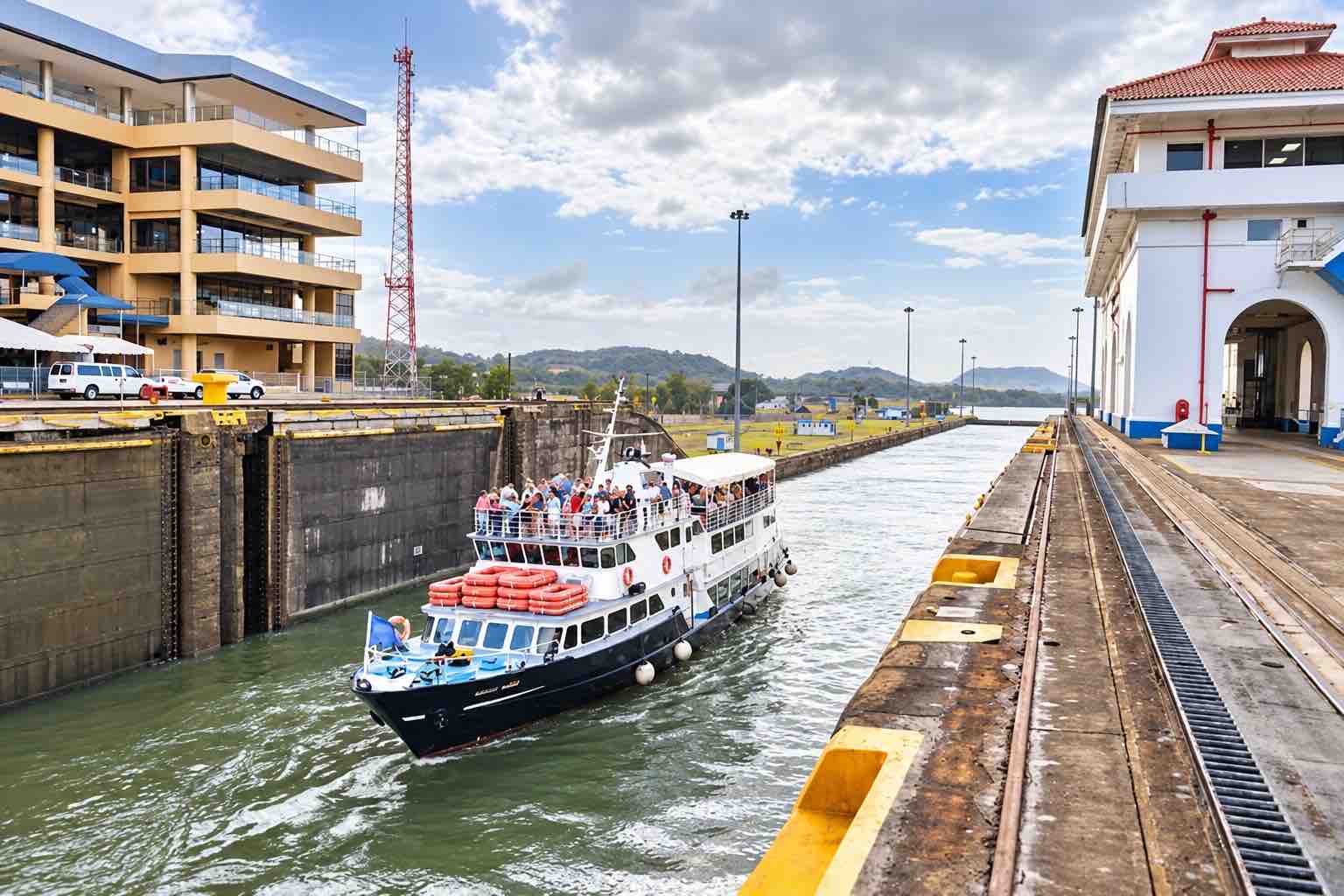 Panama Canal partial transit tour: a passenger boat moving through a canal lock chamber.