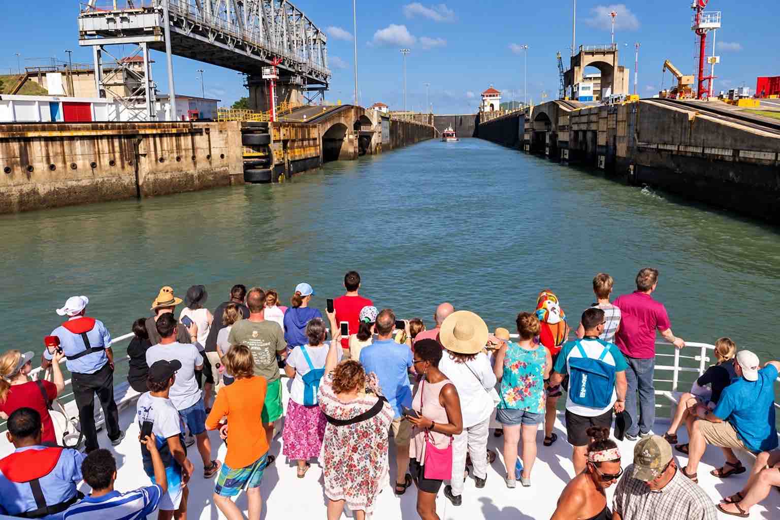 Panama Canal partial transit tour: passengers on an open boat deck approaching a canal lock.