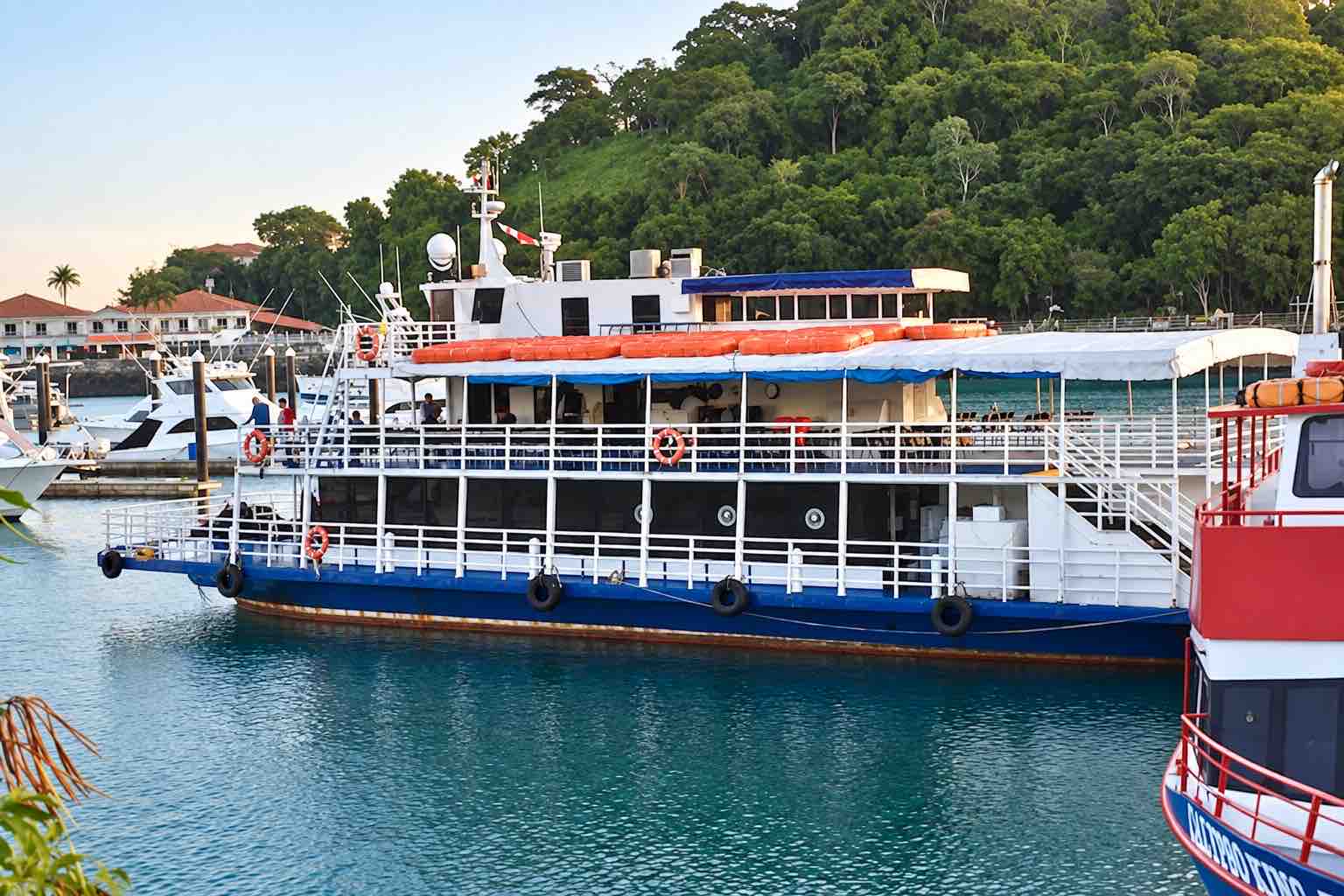 Panama Canal partial transit tour: tuira II passenger boat beside a marina.