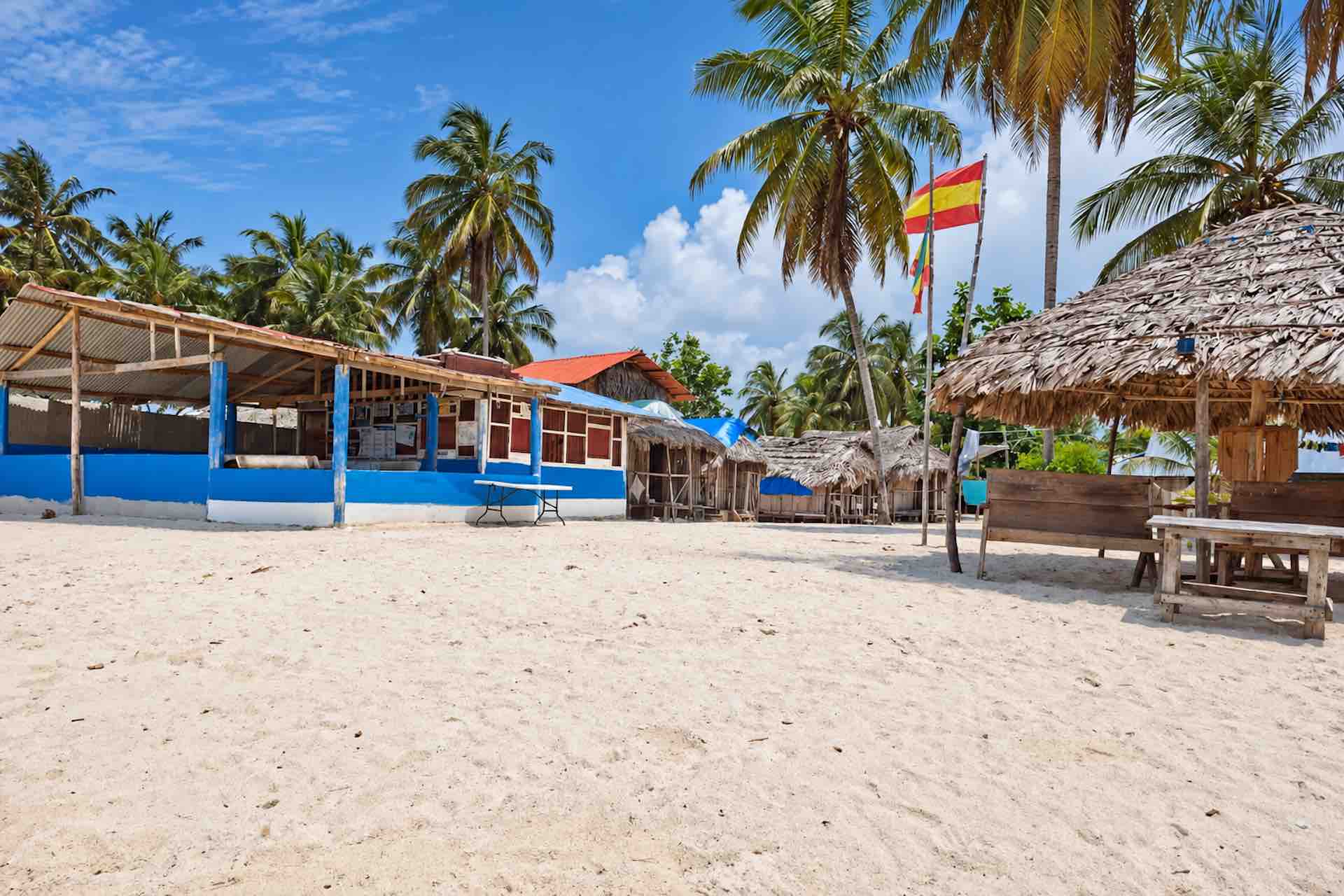 Open-sided restaurant and thatched beach seating on Isla Ina San Blas