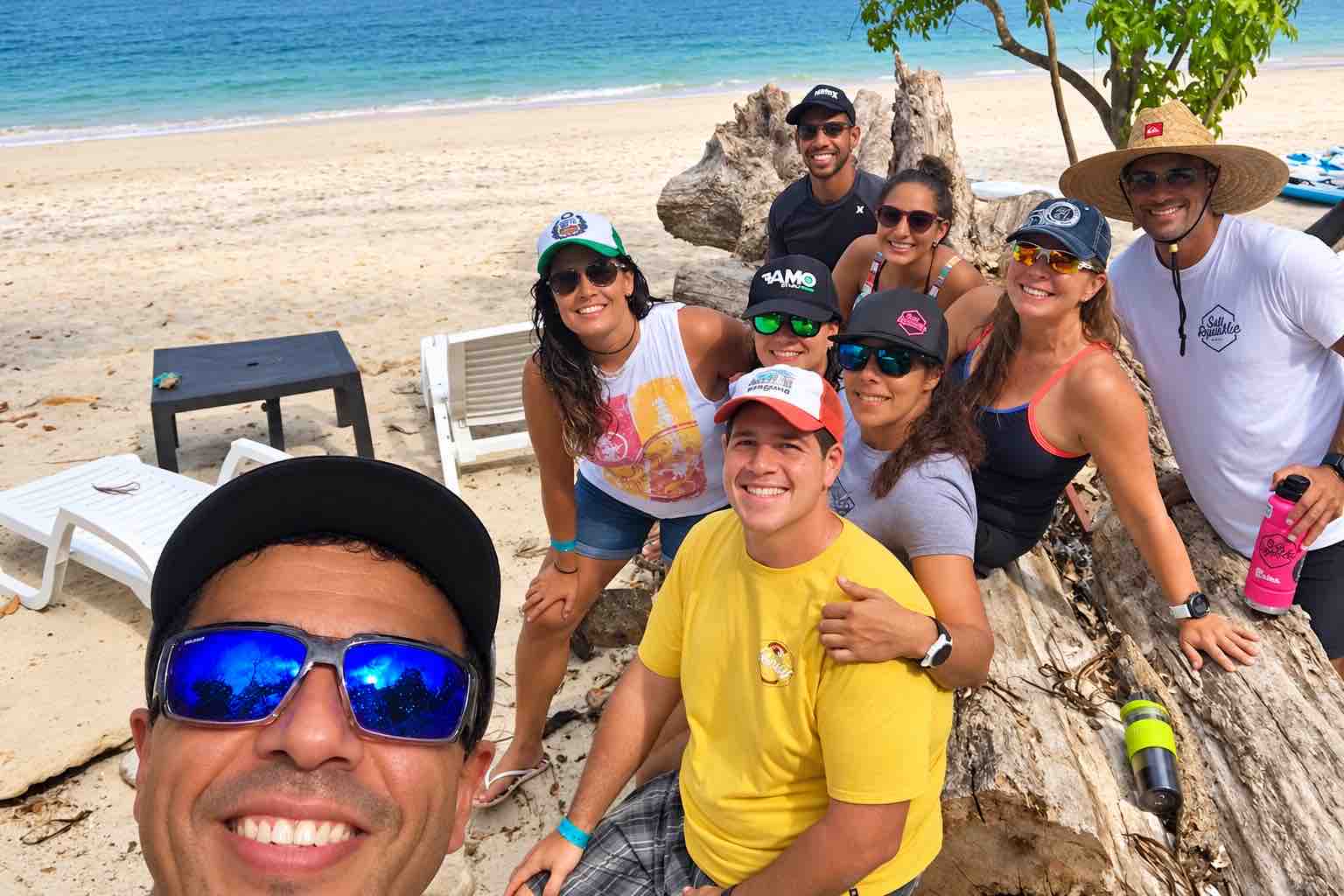 Smiling guests taking a beach selfie during a Pearl Islands Panama Day Trip