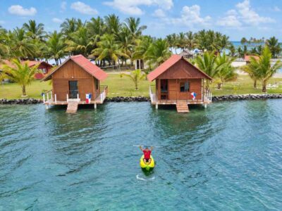 Isla Guasirdup Private Cabins Aerial View Aerial view of private overwater bungalow Panama cabins on Isla Guasirdup San Blas