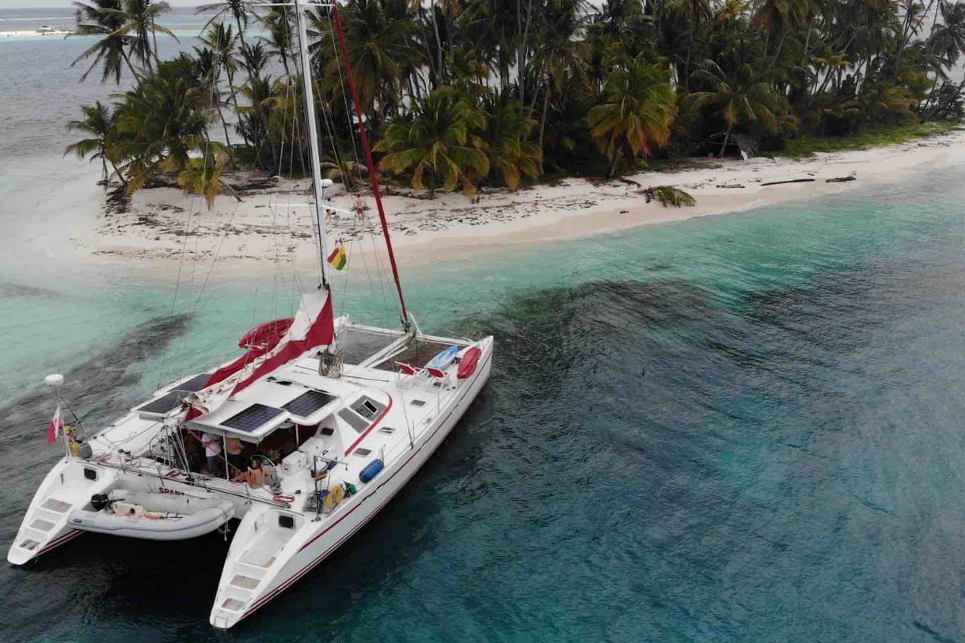 San Blas catamaran charter drone view of sailboat