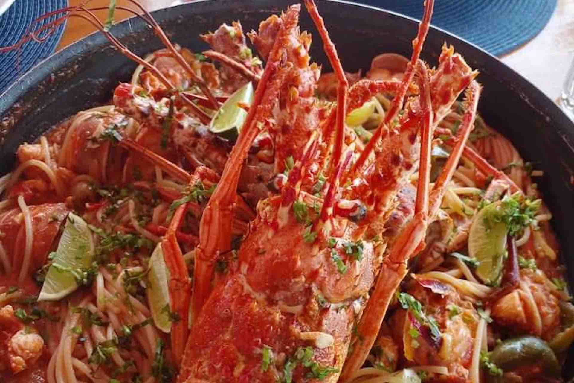 San Blas catamaran charter lobster pasta dish