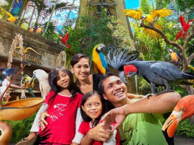 Bali Bird Park tour Smiling family with birds