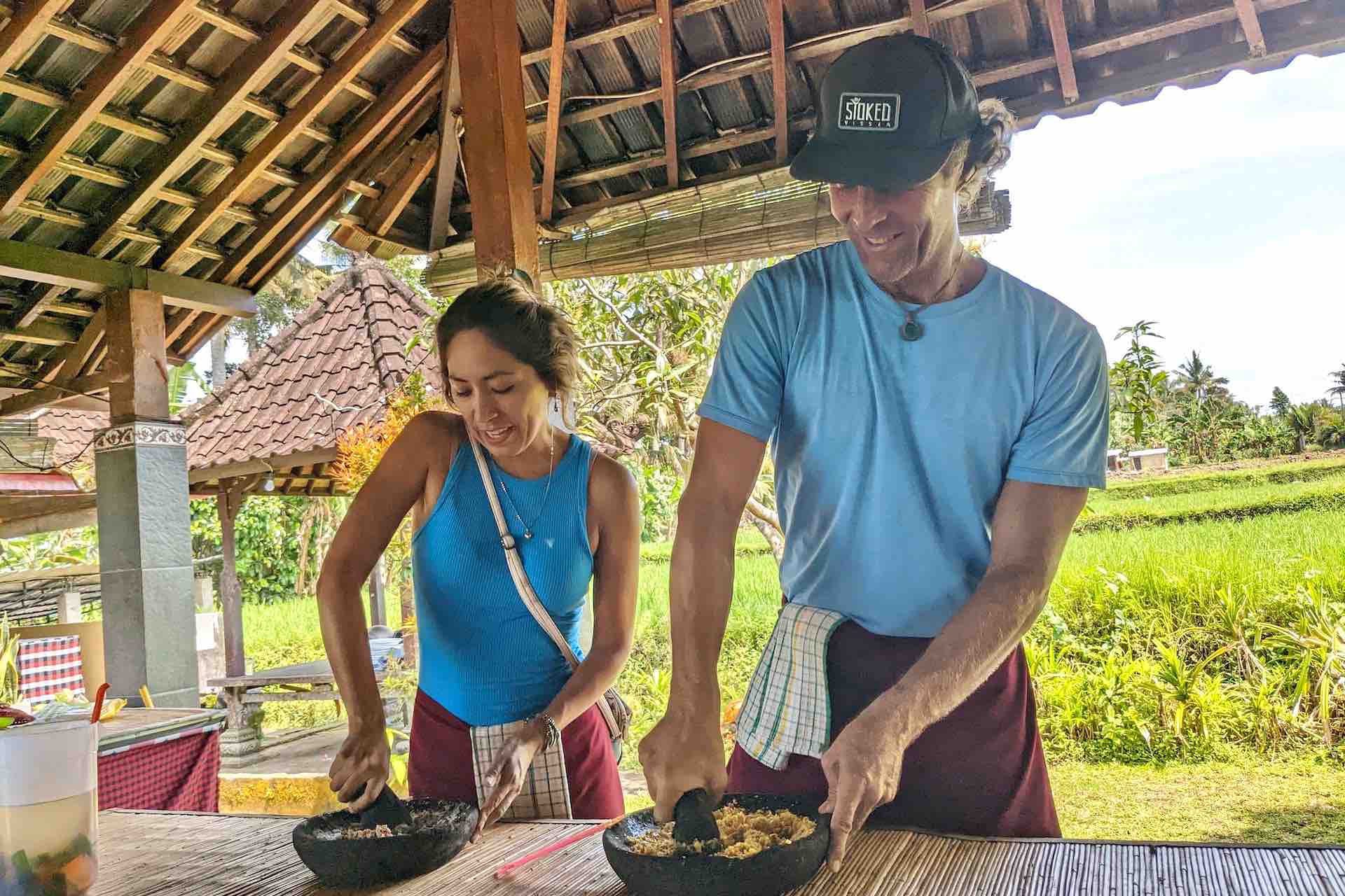 Bali cooking class guests preparing food