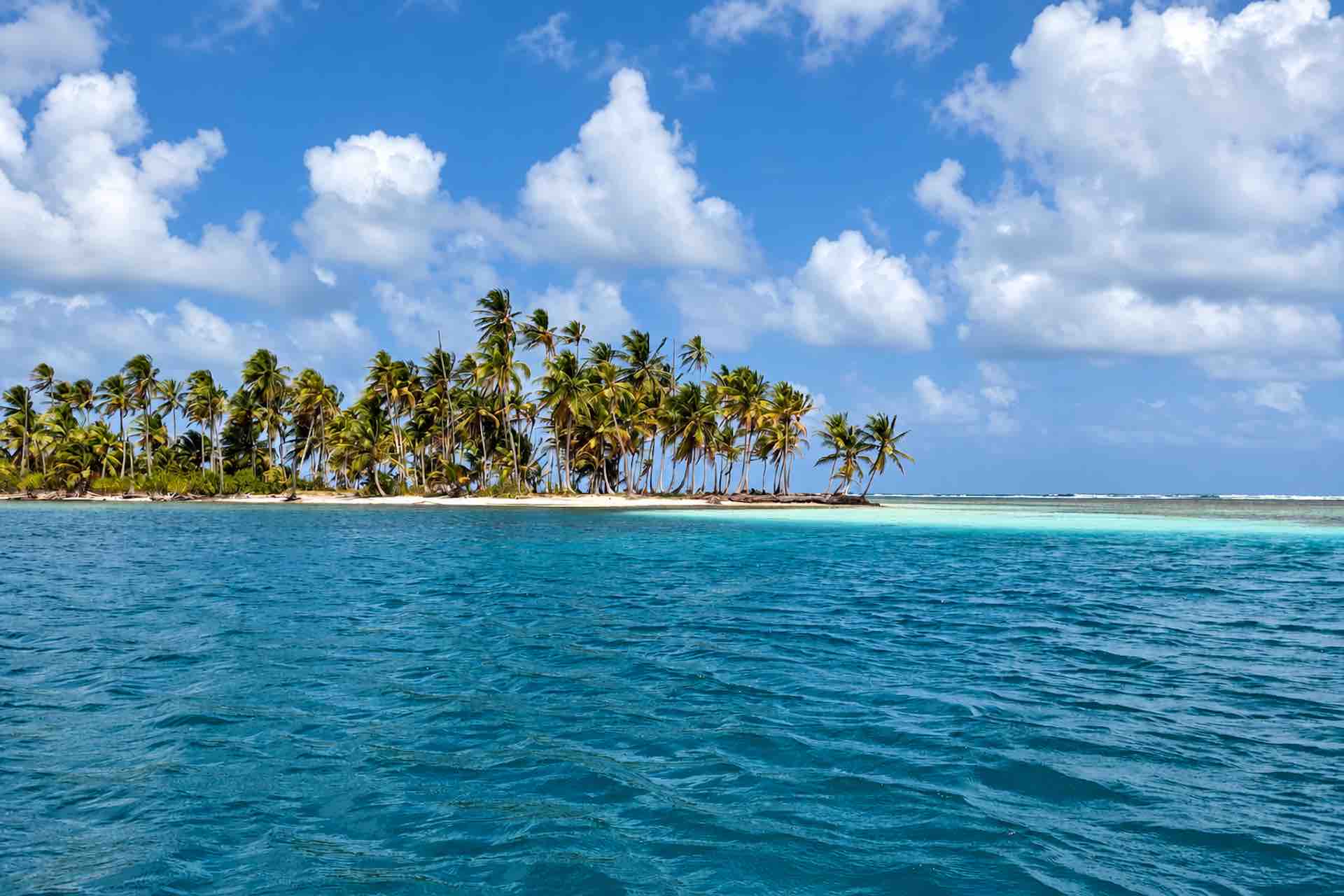 Palm-lined white sand beach and Caribbean water near Isla Miryadup