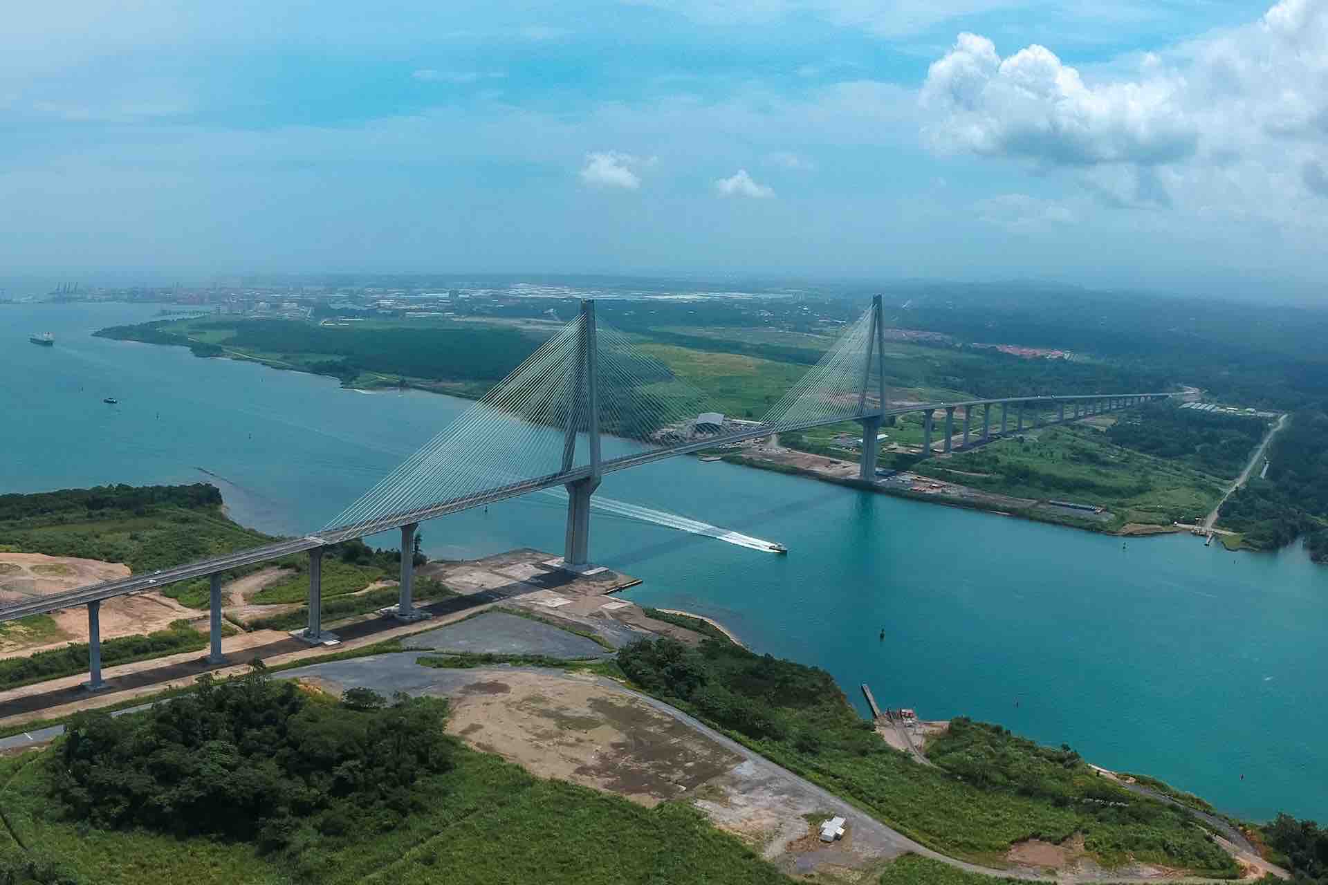 Aerial view of the Atlantic Bridge spanning the Panama Canal on the Ocean to Ocean Panama Canal Tour