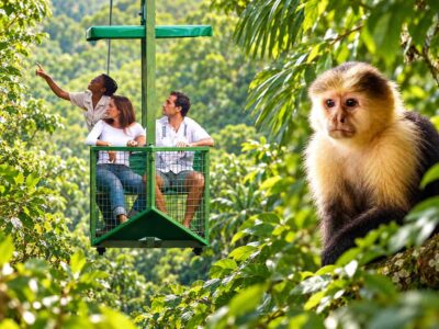 Monkey Island and aerial tram tour collage showing a capuchin monkey and guests riding through Gamboa’s rainforest