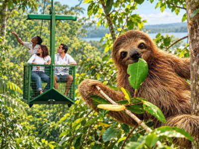 Gamboa Sloth Sanctuary &Amp; Aerial Tram Tour Blended cover showing a sloth eating a leaf and guests riding the aerial tram on the Gamboa sloth sanctuary tour
