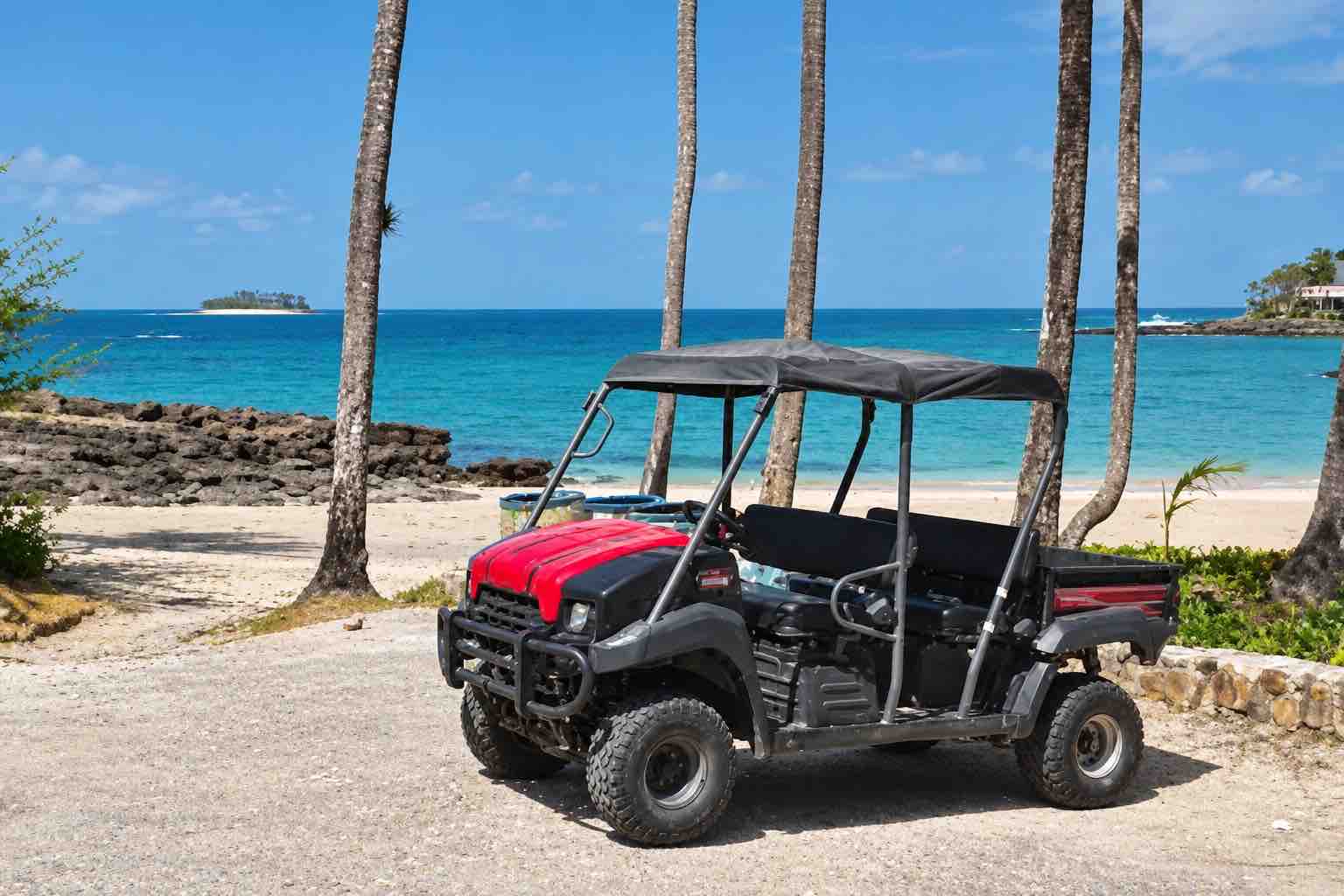 Red and black utility cart parked beneath palms beside a beach