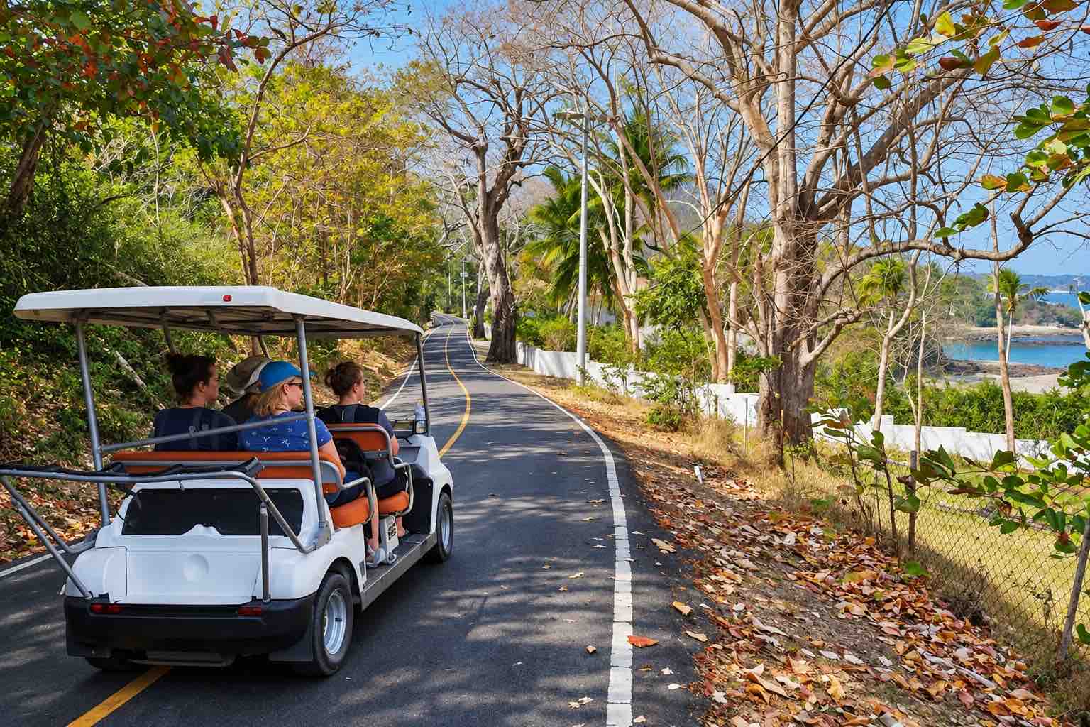 Guests riding a white golf cart on a tree-lined island road