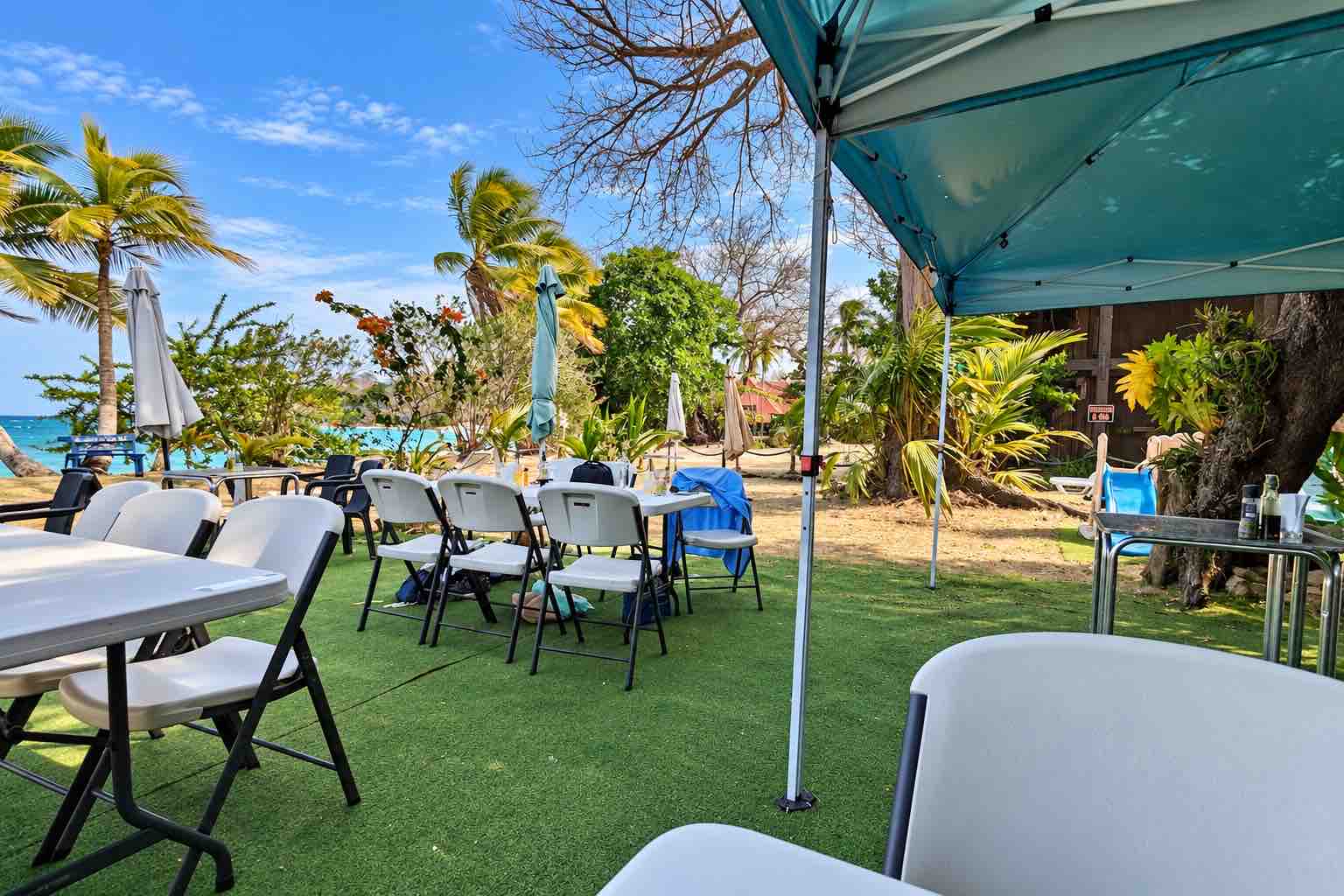 Pimienta y Sal – Outdoor tables and white chairs under a canopy beside palms and the beach