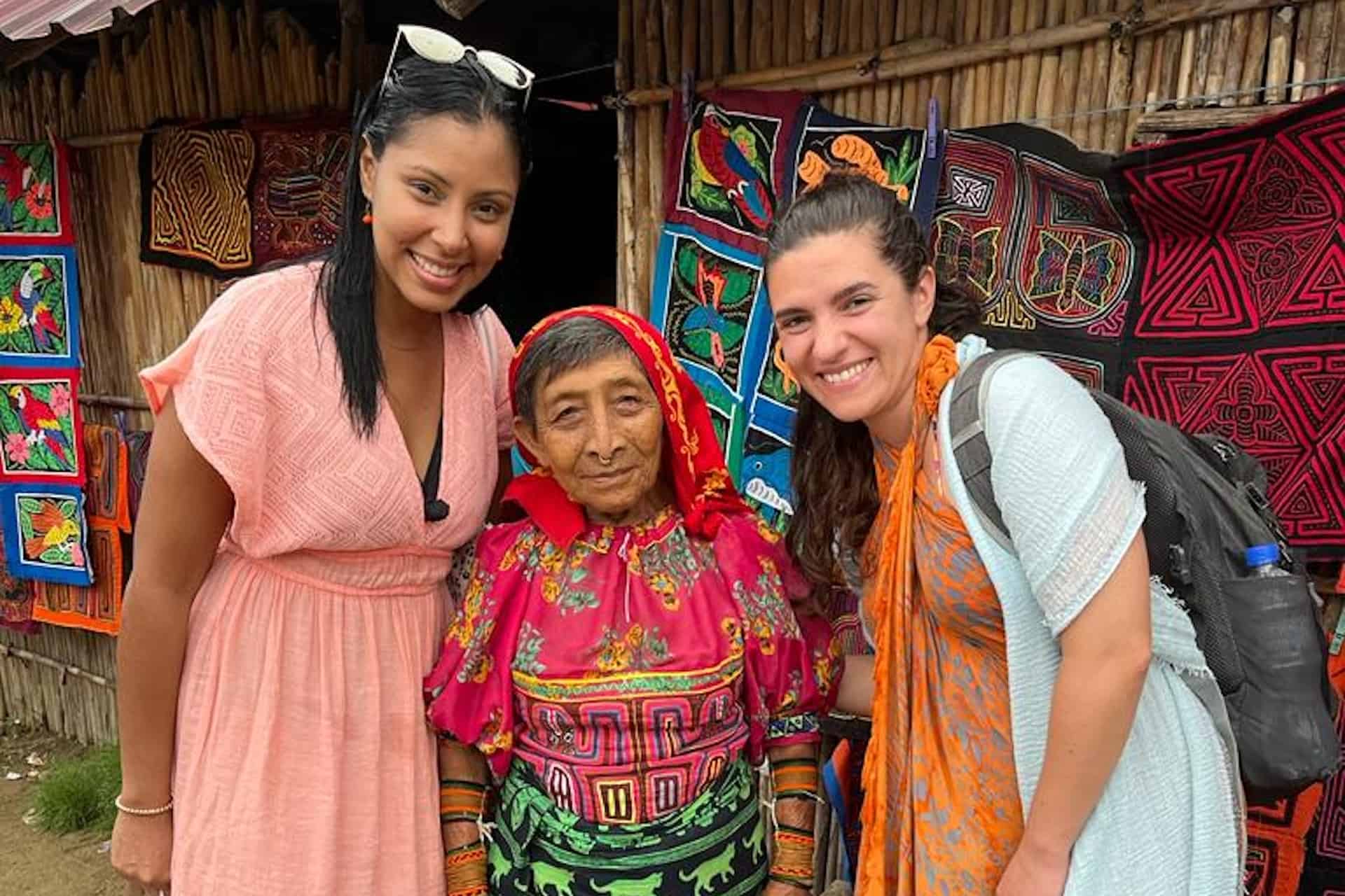 San Blas Panama Kuna Community Tour guests qwith Kuna lady