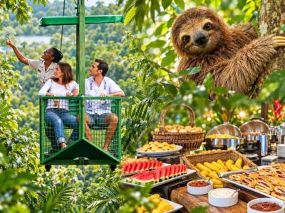 Gamboa aerial tram tour collage showing guests in a gondola, a sloth and a resort buffet