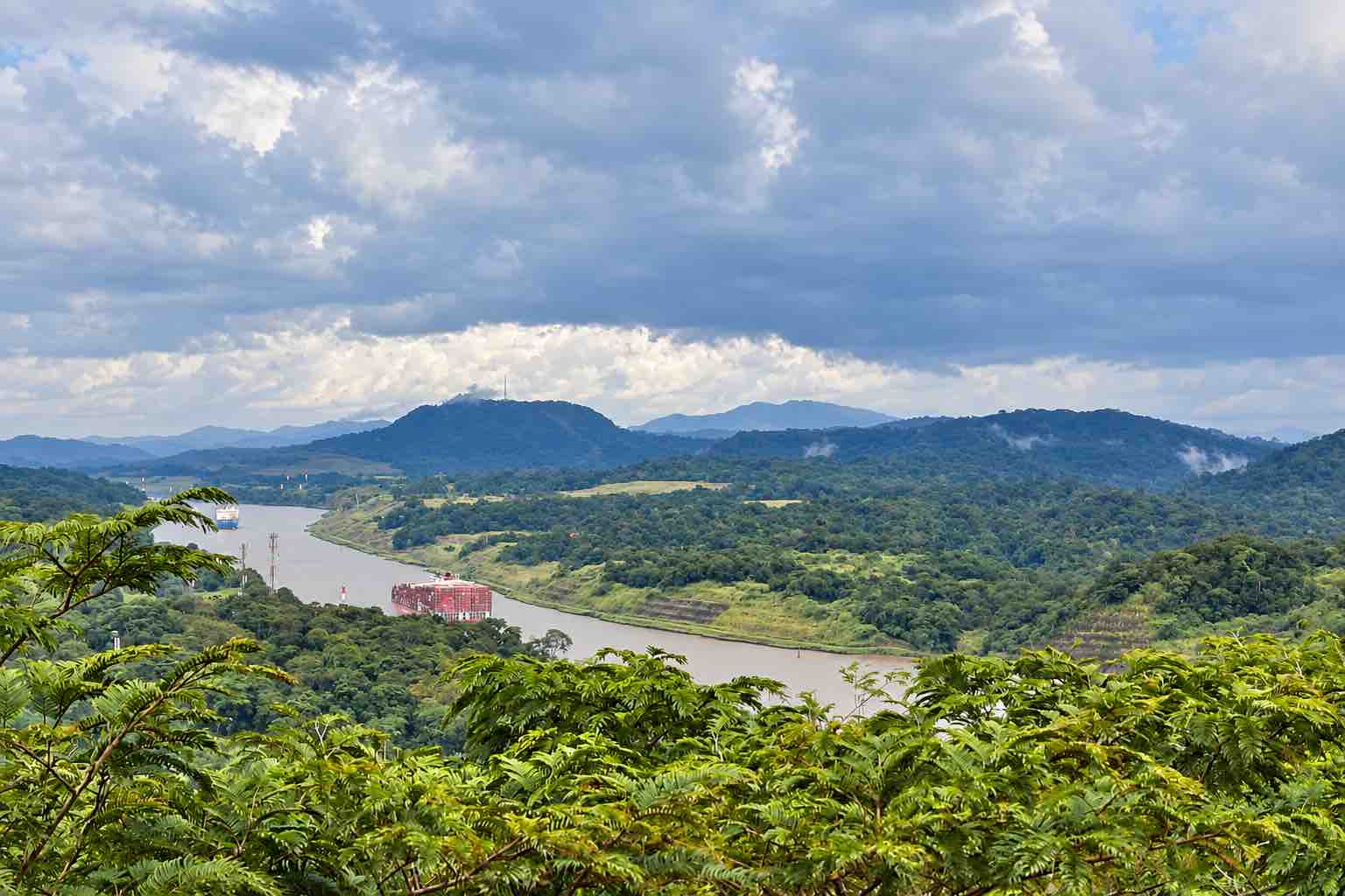 Panoramic view of the Panama Canal and surrounding rainforest from the Gamboa aerial tram observation tower